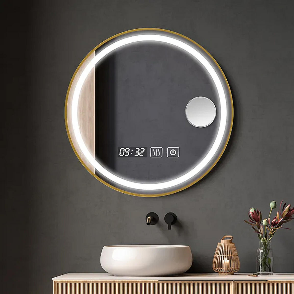 BADEZIMMERSPIEGEL– beschlagfrei, 60 x 60 cm, goldfarben, Drei Farbtemperaturen, Zeitanzeige - Goldfarben, Glas (60/2.8/60cm) - LIBRATON