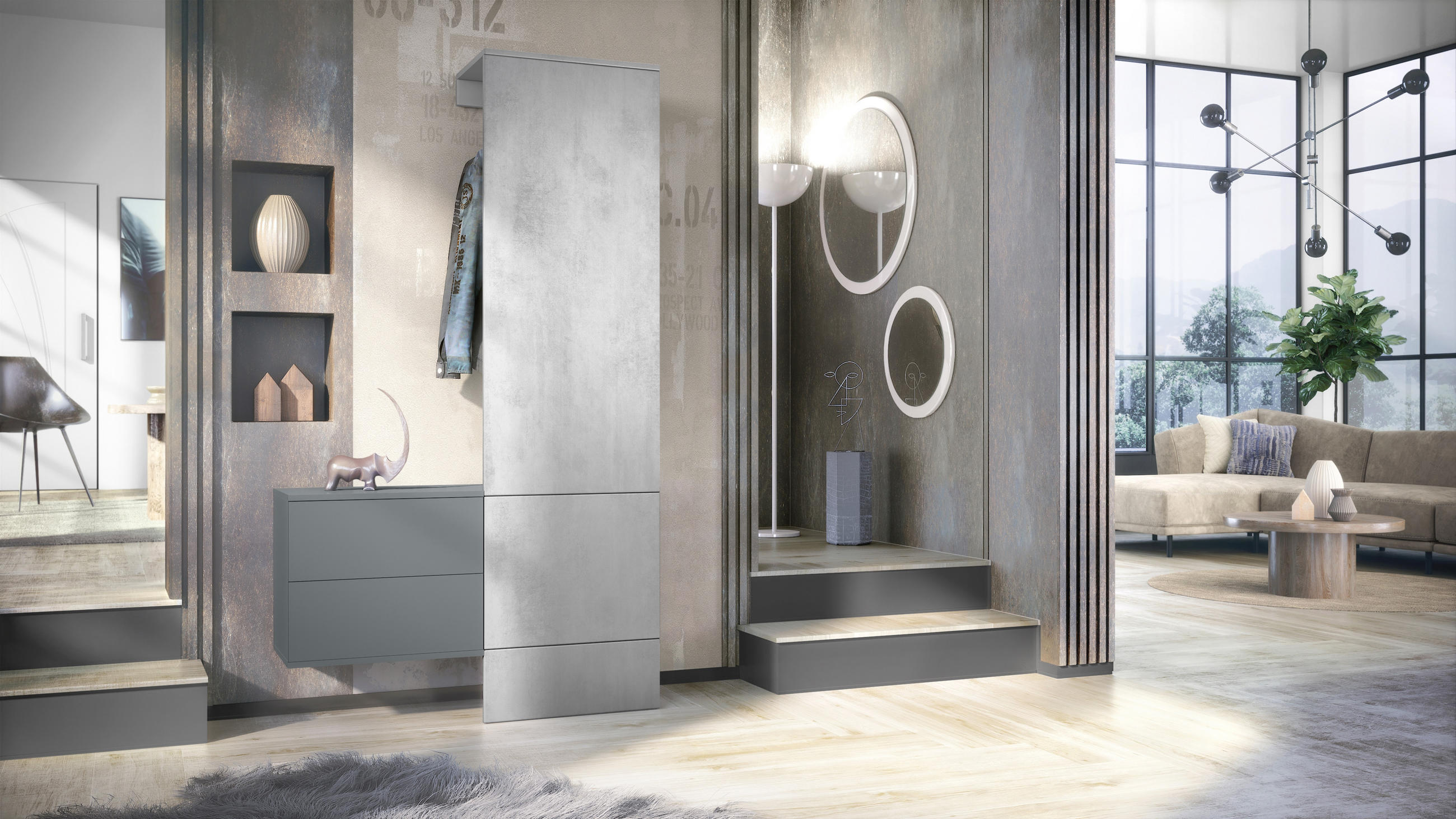 GARDEROBE Carlton Paneel in Beton Oxid Optik - Hellgrau, Holzwerkstoff (105/193/35cm) - Vladon
