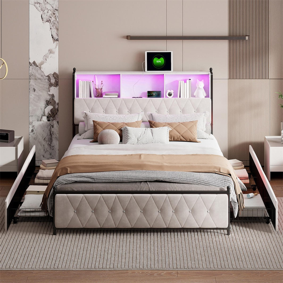 POLSTERBETT 160x200 cm mit 4 Schubladen - Kopfteil mit Stauraumfächern,USB&Type-C Ladestation und LED-Beleuchtung - Beige, Textil (160/200cm) - DELFA