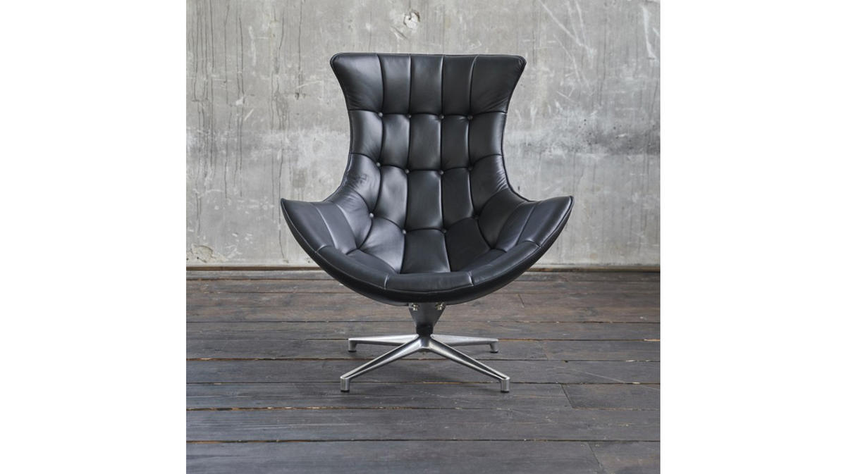 DREHSESSEL SKIO Schwarz Leder - Silberfarben/Schwarz, Leder (87/99/89cm) - KAWOLA