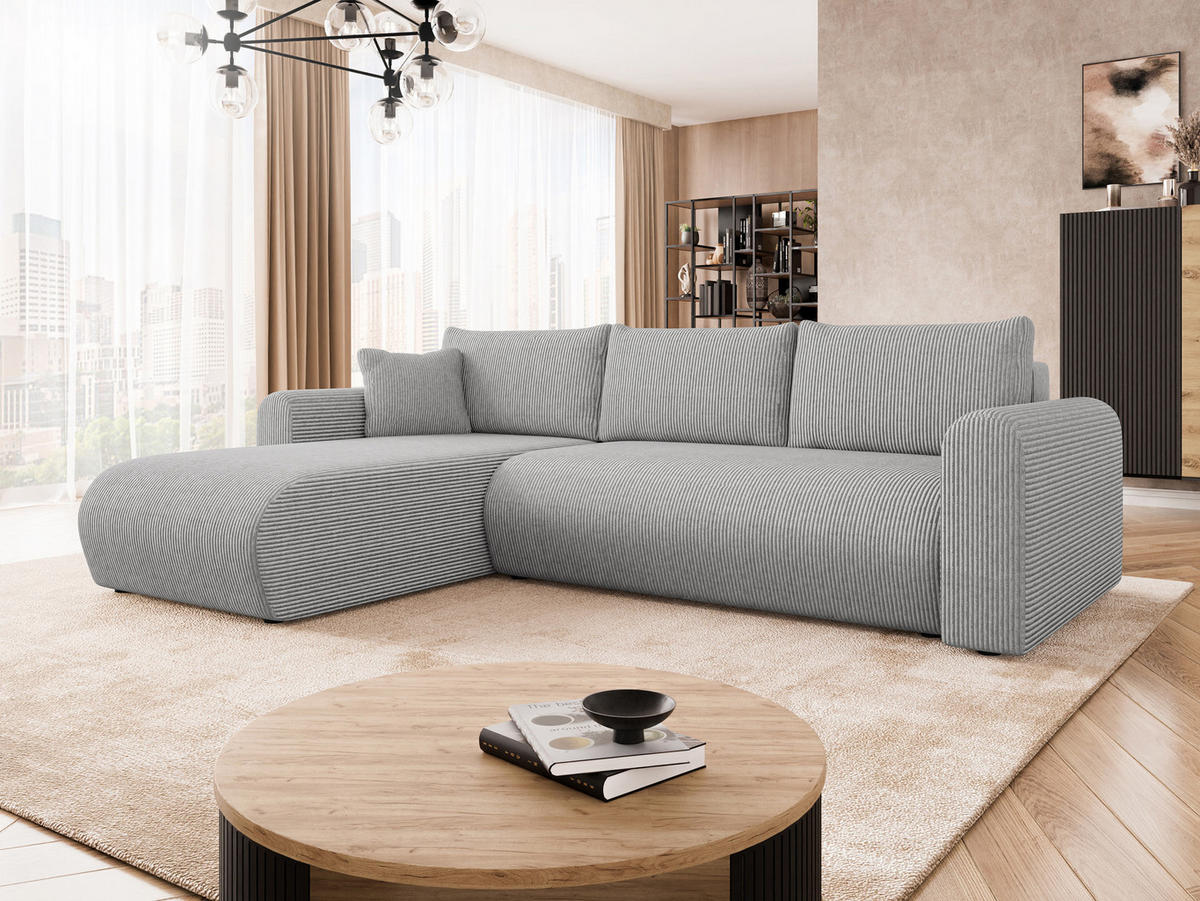 ECKSOFA Eliwo Cord - Hellgrau/Schwarz, Holz/Textil (252/158cm) - MIRJAN24