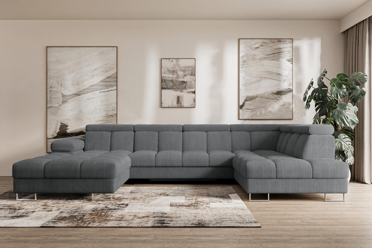WOHNLANDSCHAFT mit Schlaffunktion und Bettkasten Ottomane RECHTS COMA U 345x203x79 Dunkelgrau Cord - Graphitfarben, Holzwerkstoff/Textil (203/79/345cm) - ALTDECOR