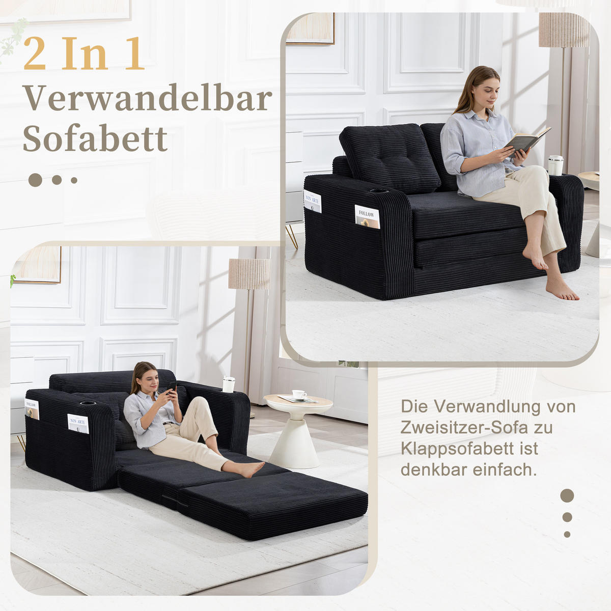SCHLAFSOFA in Schwarz Cord mit Getränkehalter und Seitentaschen - Schwarz, Textil (136/82.5/80cm) - Oxeza