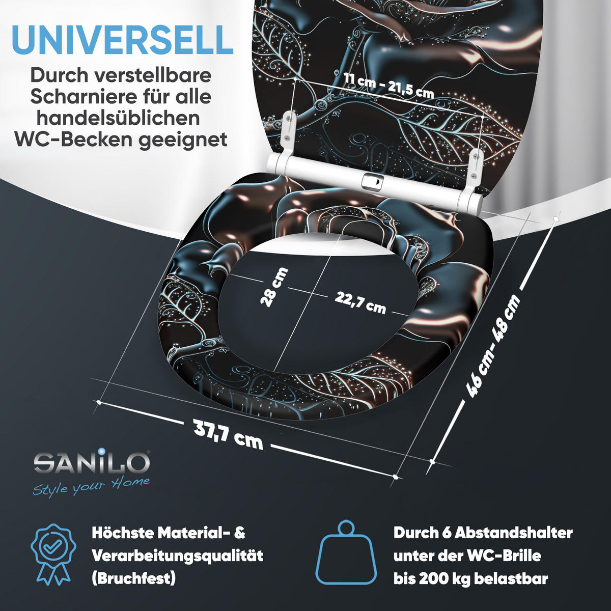 WC-SITZ mit Absenkautomatik & Top Fix Black Rose - Schwarz, Holzwerkstoff (37.7/5/48cm) - Sanilo