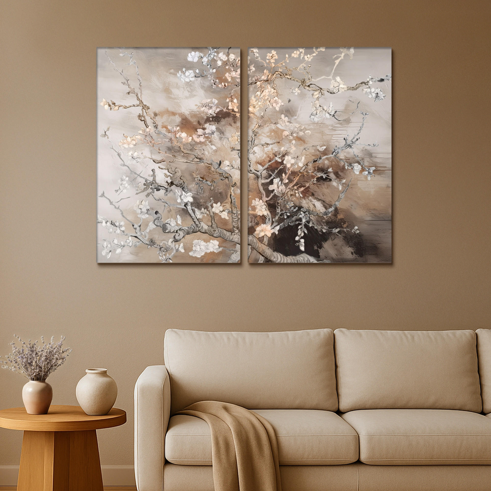 LEINWANDBILD 2er Set Mandelblüte - Abstrakt - Beige 120x90 cm - Beige, Textil (120/90cm) - MuchoWow