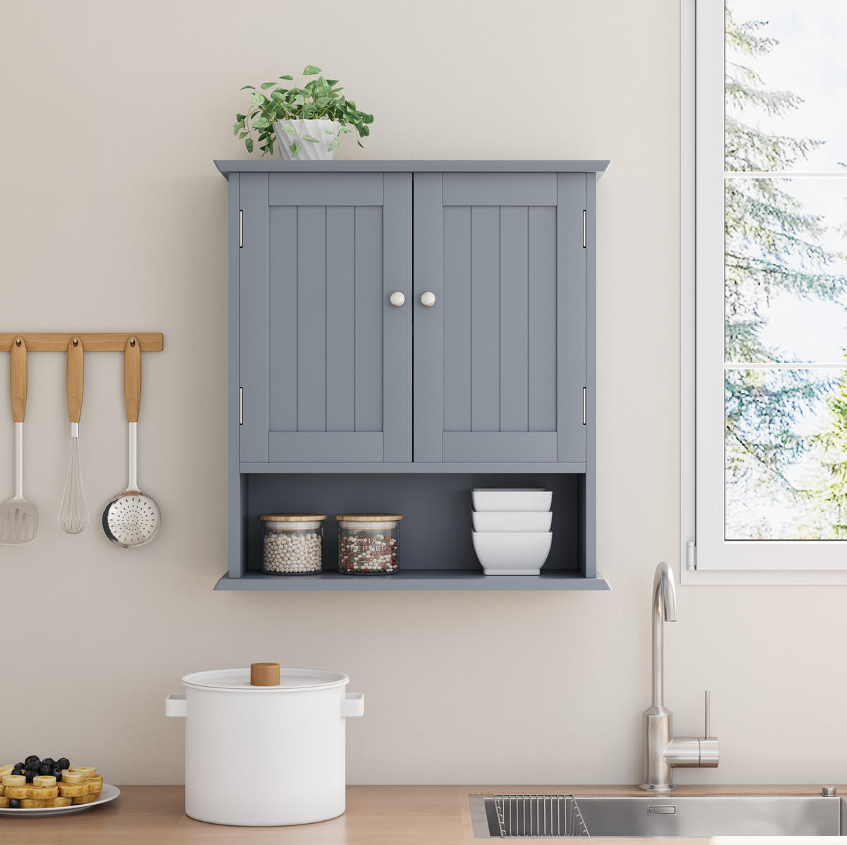 BADEZIMMERSCHRANK Wandregal mit Türen 54,6 x 19,8 x 60 cm Hellgrau - Hellgrau, Holzwerkstoff (19.8/60/54.6cm) - Beauniv