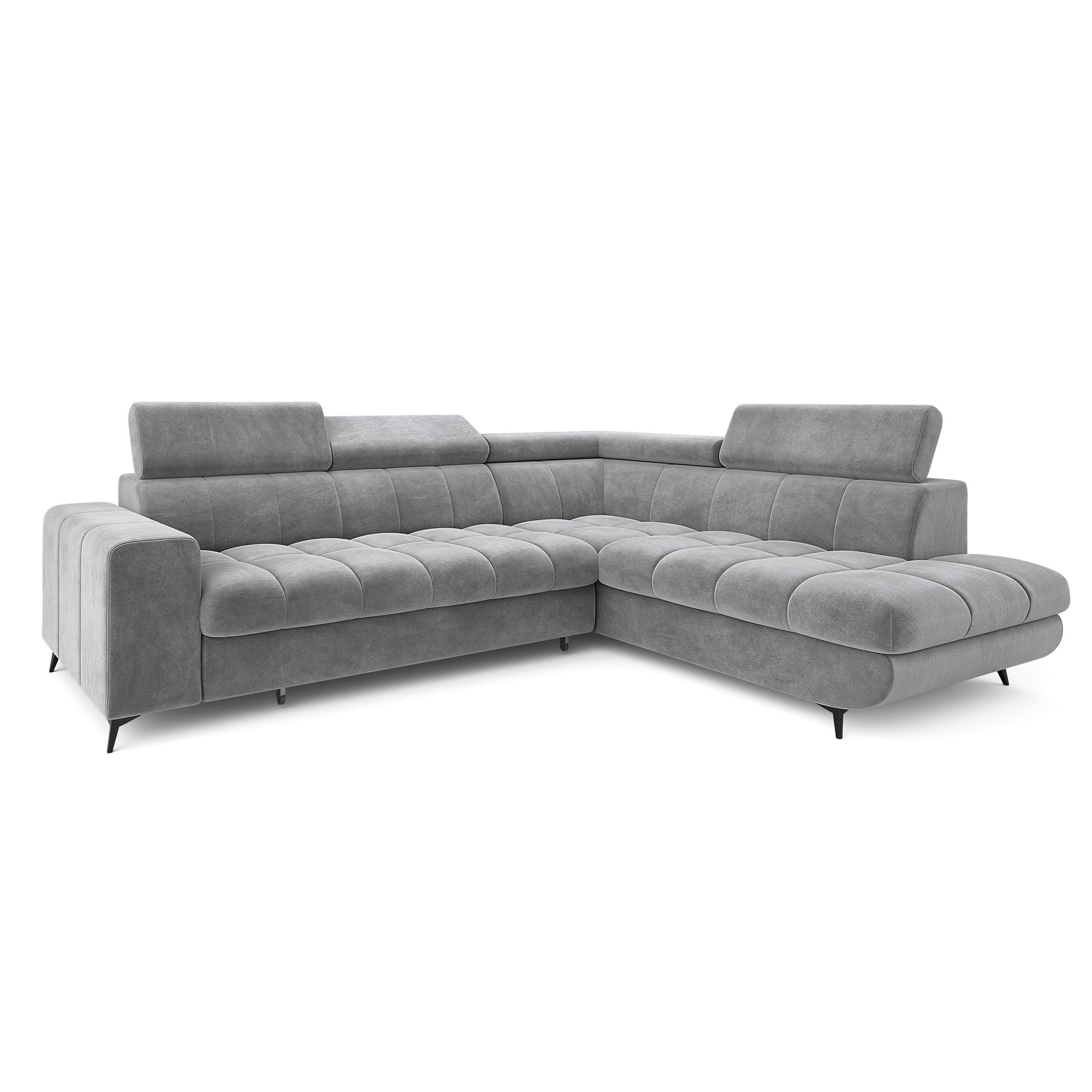 ECKSOFA MORIVA R-S Hellgrau Velours-Stoff mit Schlaffunktion - Hellgrau, Holz (253/190cm) - MASSENO