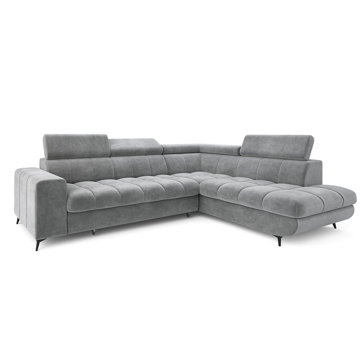 ECKSOFA MORIVA R-S Hellgrau Velours-Stoff mit Schlaffunktion - Hellgrau, Holz (253/190cm) - MASSENO