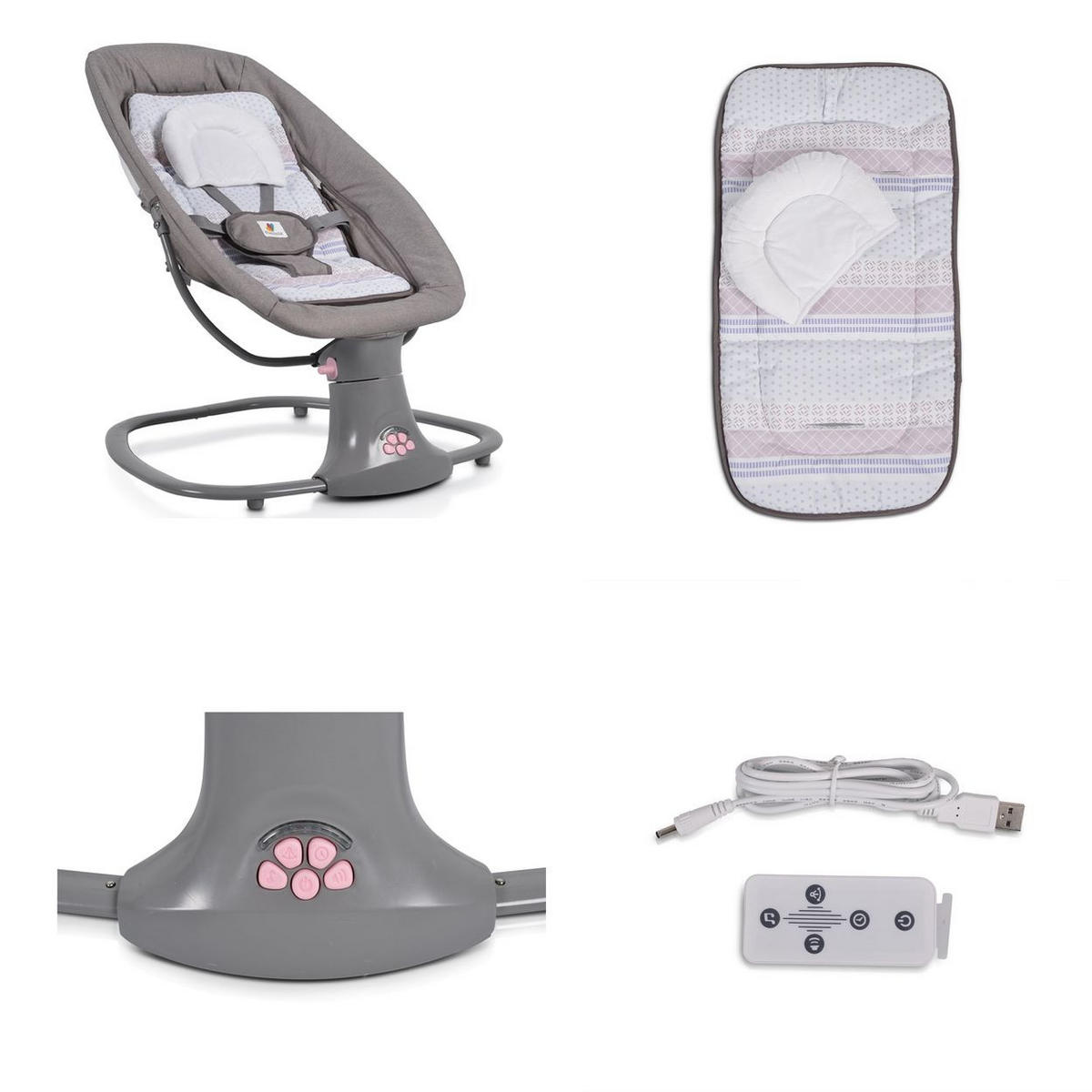 BABYWIPPE Axel 3 in1 pink Bluetooth, 5 Schaukelgeschwindigkeiten, Moskitonetz, 5-Punkt-Gurt - Rosa, Metall - Moni