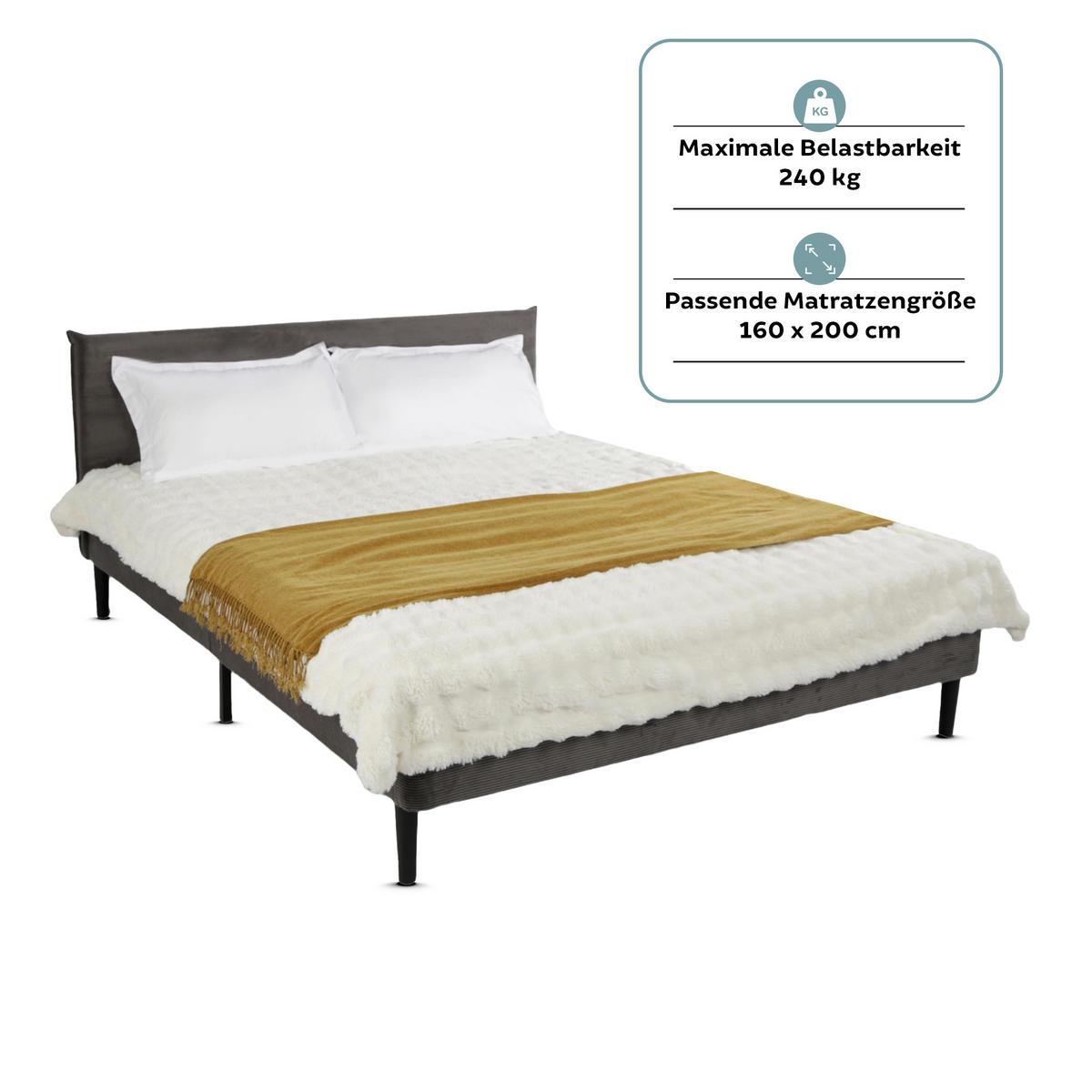 POLSTERBETT 160x200 cm Grau cord - Grau, Textil (160/200cm) - Home Collective