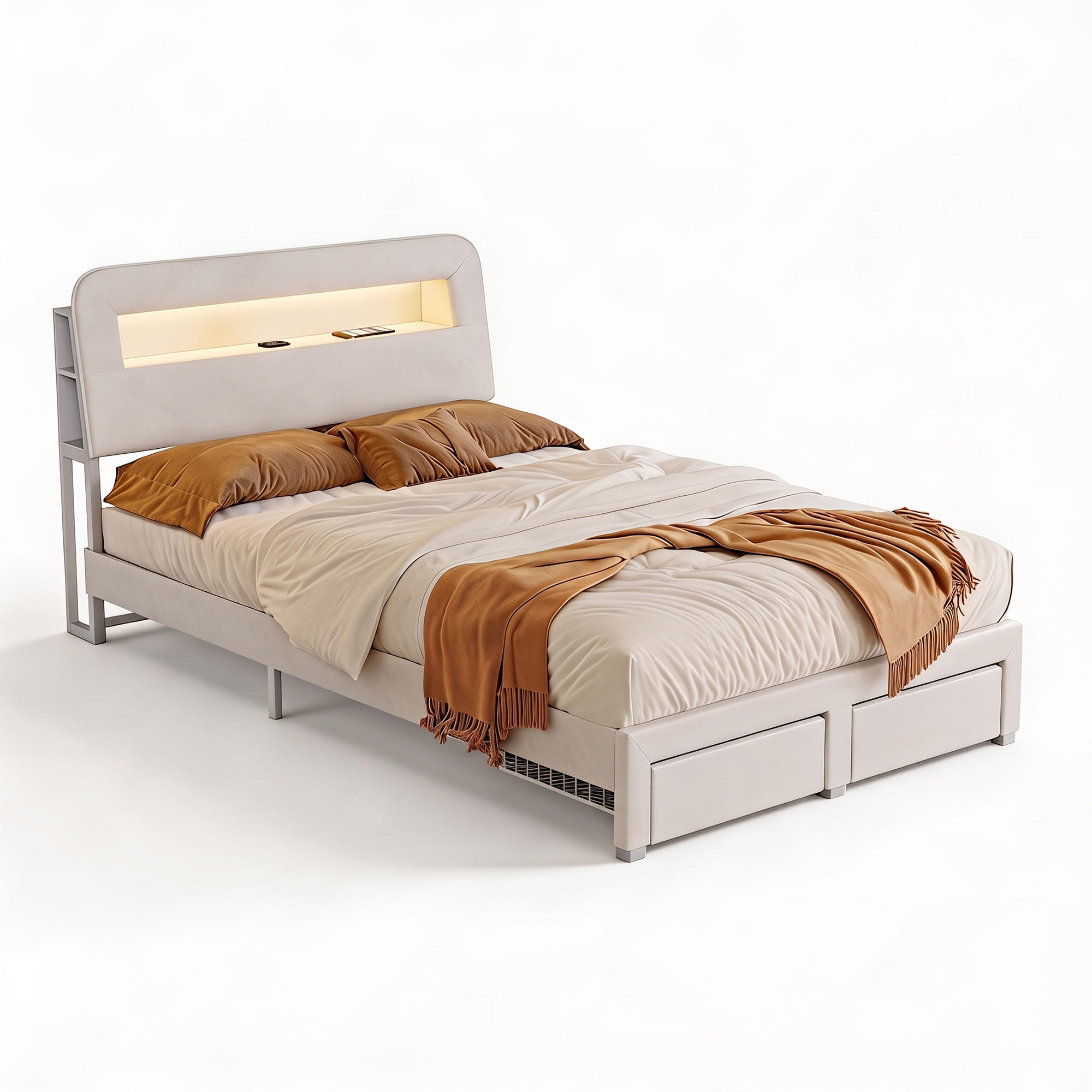 POLSTERBETT 140x200 cm, USB und LED, mit 2 Schubladen, Doppelbettrahmen 140x200 cm, Samt in Cremeweiß - Beige, Holzwerkstoff/Textil (140/200cm) - GENKI LIVING