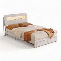 POLSTERBETT 140x200 cm, USB und LED, mit 2 Schubladen, Doppelbettrahmen 140x200 cm, Samt in Cremeweiß - Beige, Holzwerkstoff/Textil (140/200cm) - GENKI LIVING