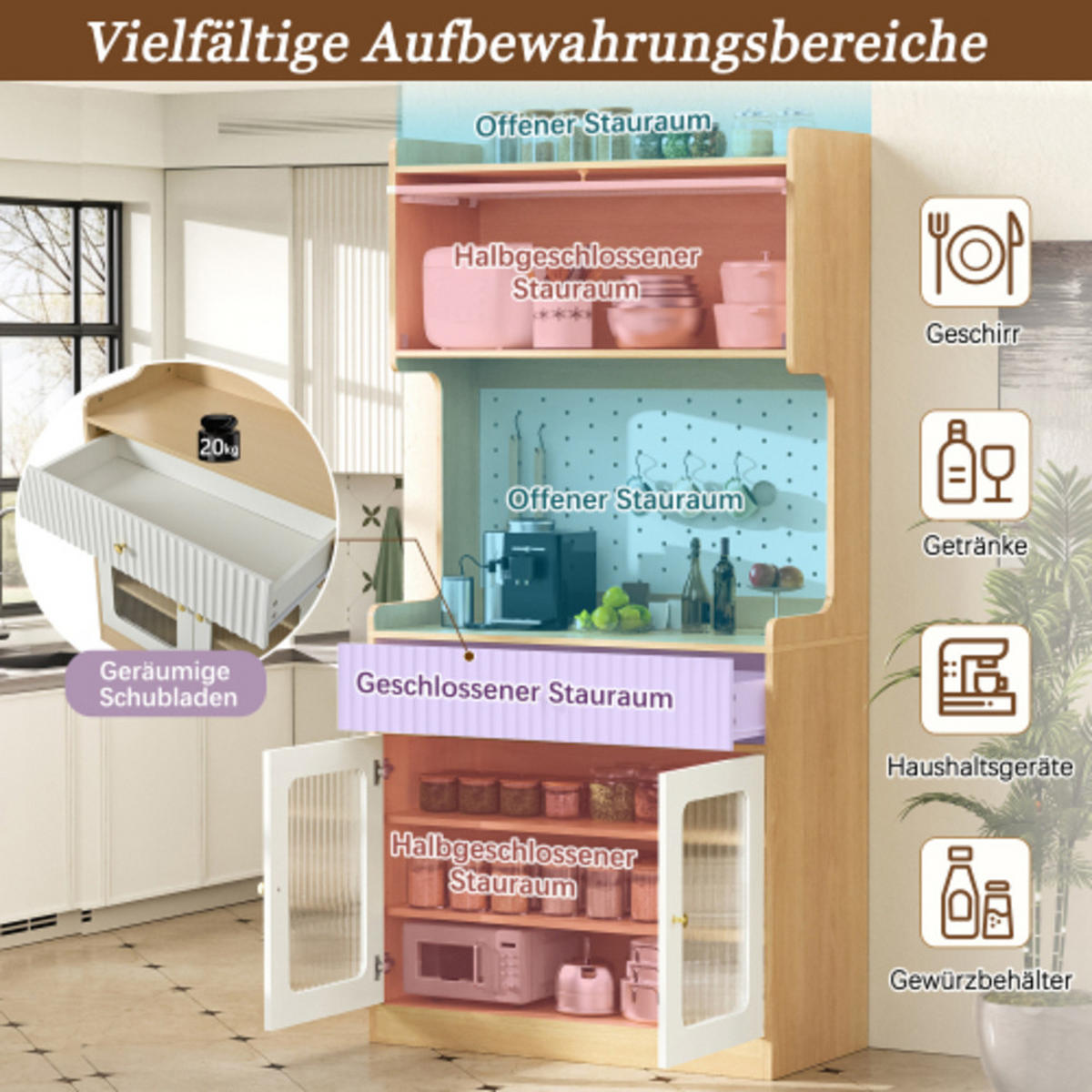HIGHBOARD mit Riffelglas & LED-Beleuchtung, weiß-natur 80×40×180 cm aus MDF und Spanplatte - Weiß, Holzwerkstoff (80/180/40cm) - Luhomfu