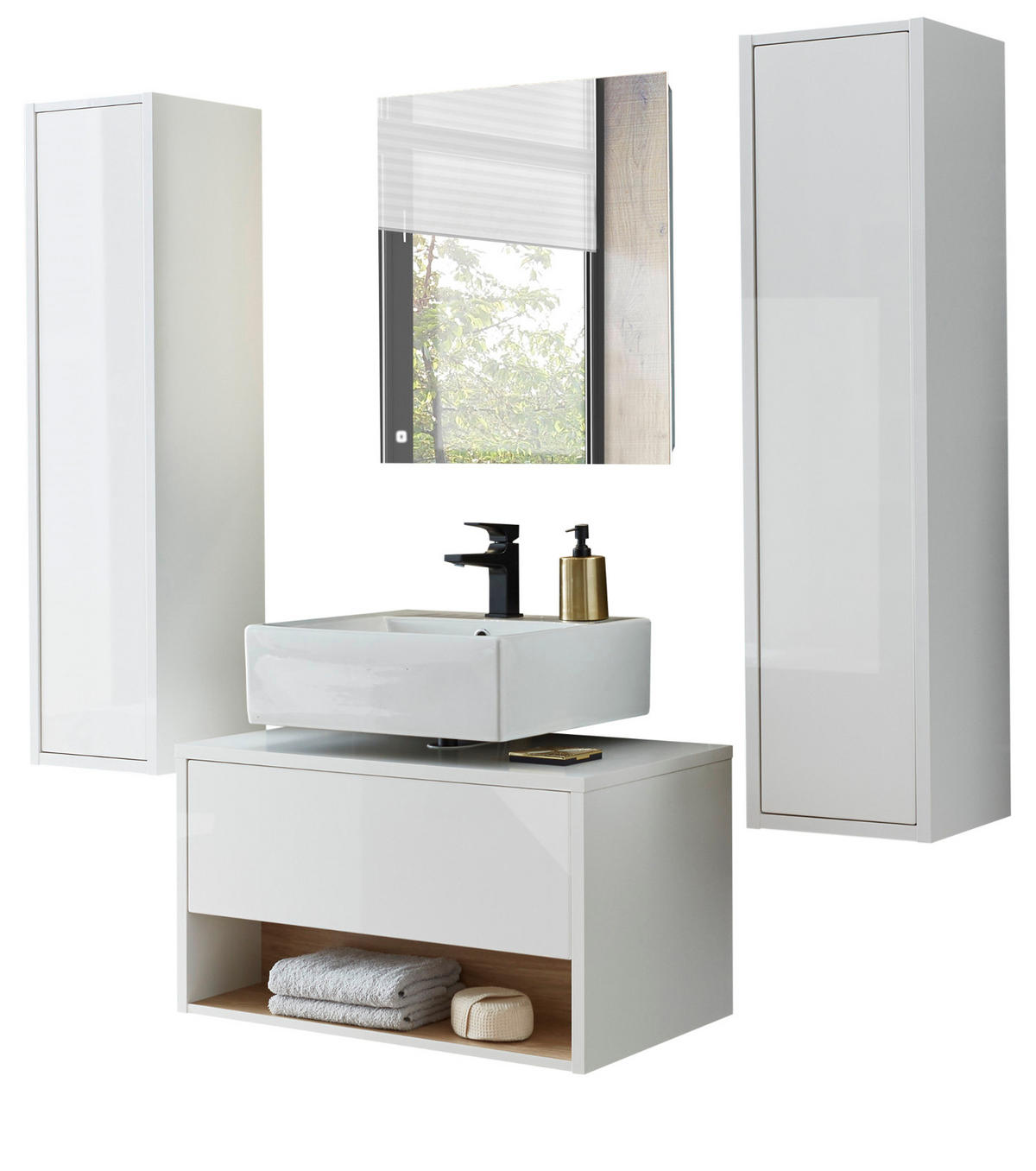 BADMÖBEL-SET 4-teilig weiß Hochglanz, Eiche 160 cm, Kombination mit LED Beleuchtung - Weiß Hochglanz/Eichefarben, Glas/Holzwerkstoff (160/190/46cm) - Furn.Design