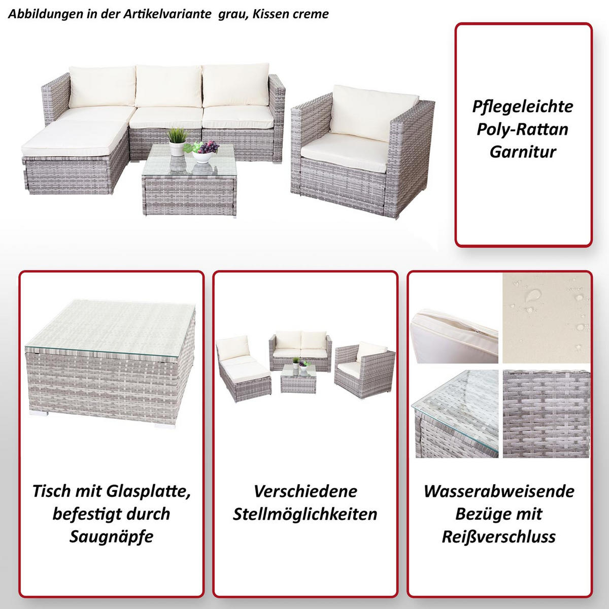 POLY-RATTAN-GARNITUR Grau, Cremeweiß - Weiß/Grau, Kunststoff - MCW