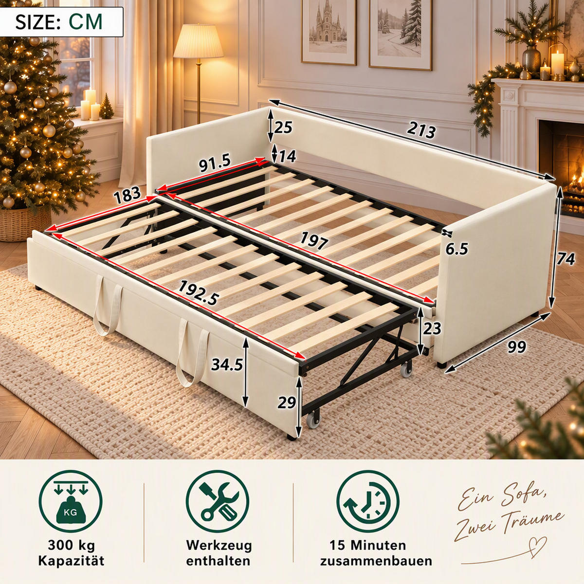 TAGESBETT 90/180/200 cm,Ausziehbar Schlafsofa,Beige - Beige, Holz/Metall (180/200cm) - PARAFTA HOME