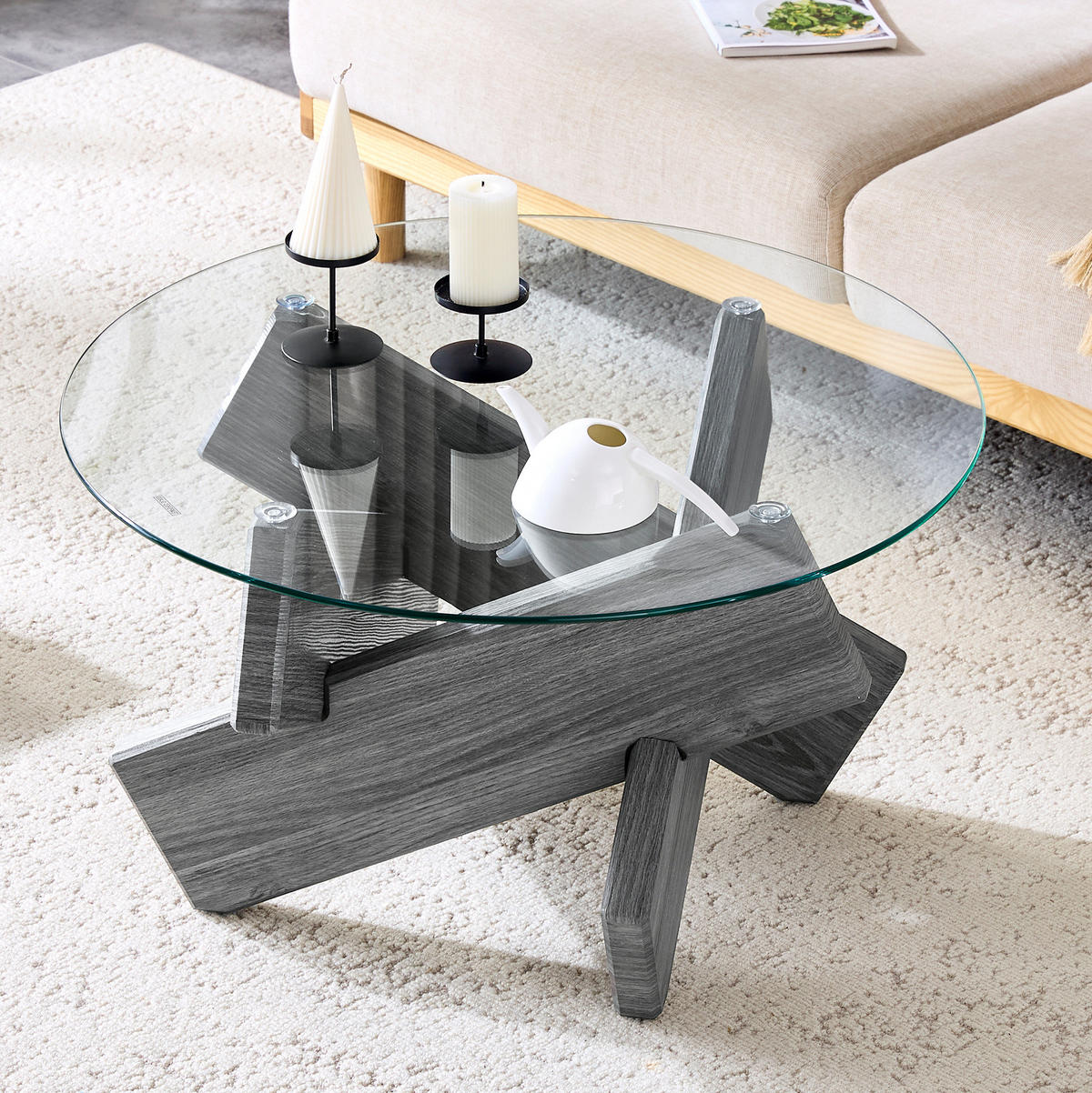 COUCHTISCH, MDF & Glas mit kreativer Kreuz-Stütze, graue Textur, 79/79/45 cm,grau - Grau, Holzwerkstoff (79/79/45cm) - Redom