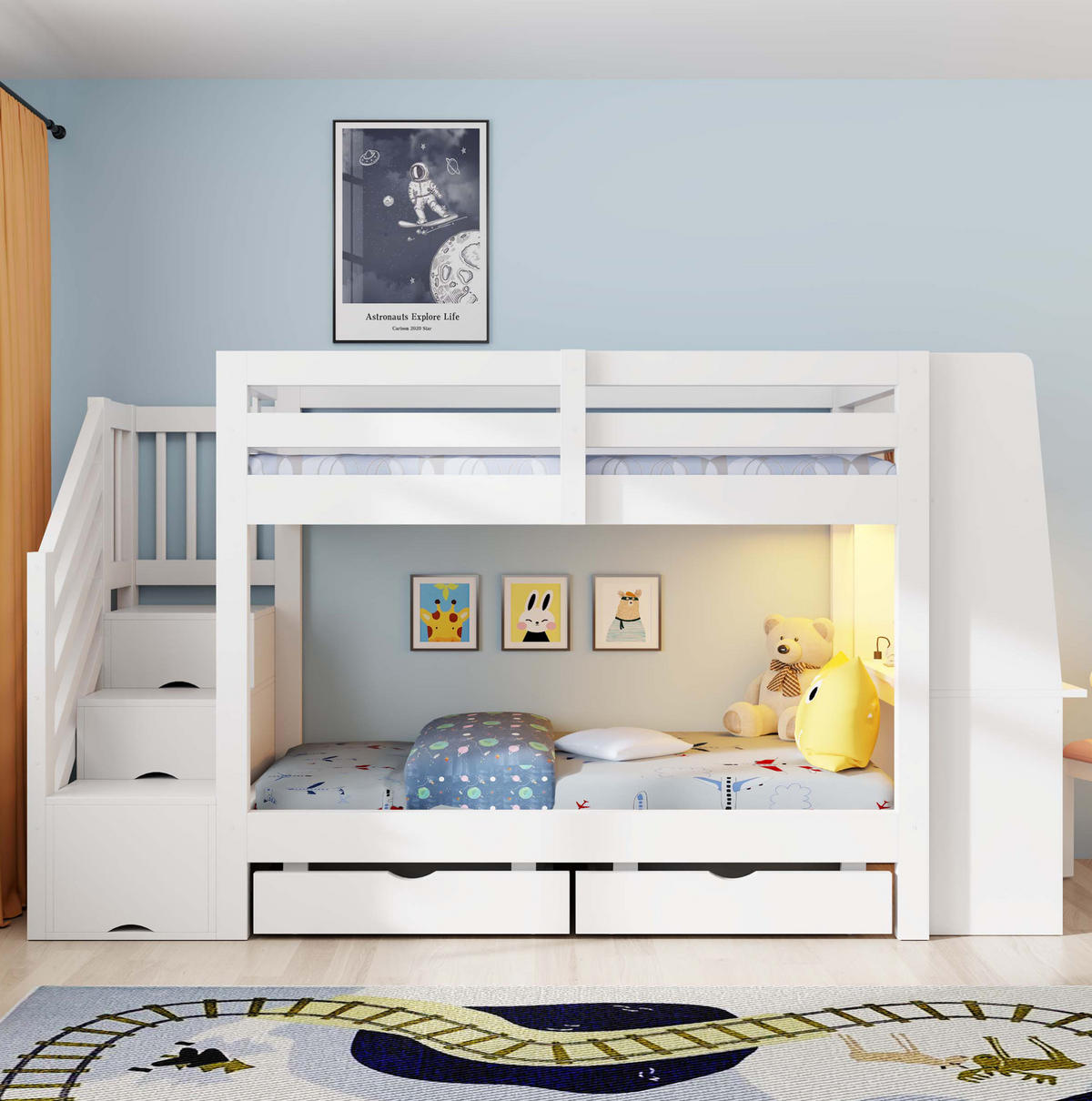 HOCHBETT aus Holz 90x200 cm Weiß mit Stauraumtreppe, Schreibtisch, LED-Beleuchtung und Schubladen - Weiß, Holz (90/200cm) - Modfu