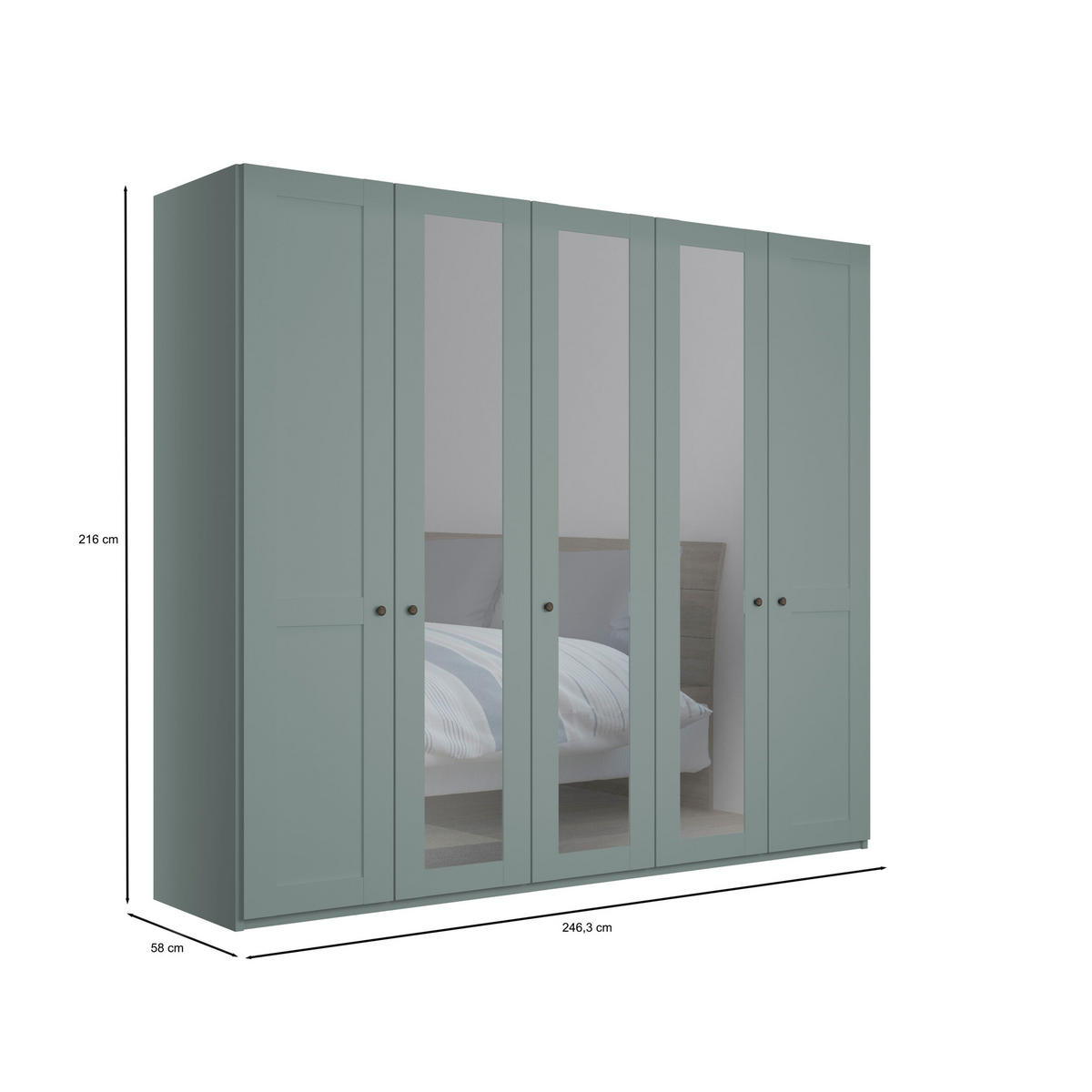 SCHLAFZIMMER Greenholm in Salbeigrün 4 teilig mit Kleiderschrank 250cm Breite mit Spiegel, 180er Doppelbett und zwei Nachtschränken - Grün, Holzwerkstoff (80/200/120cm)