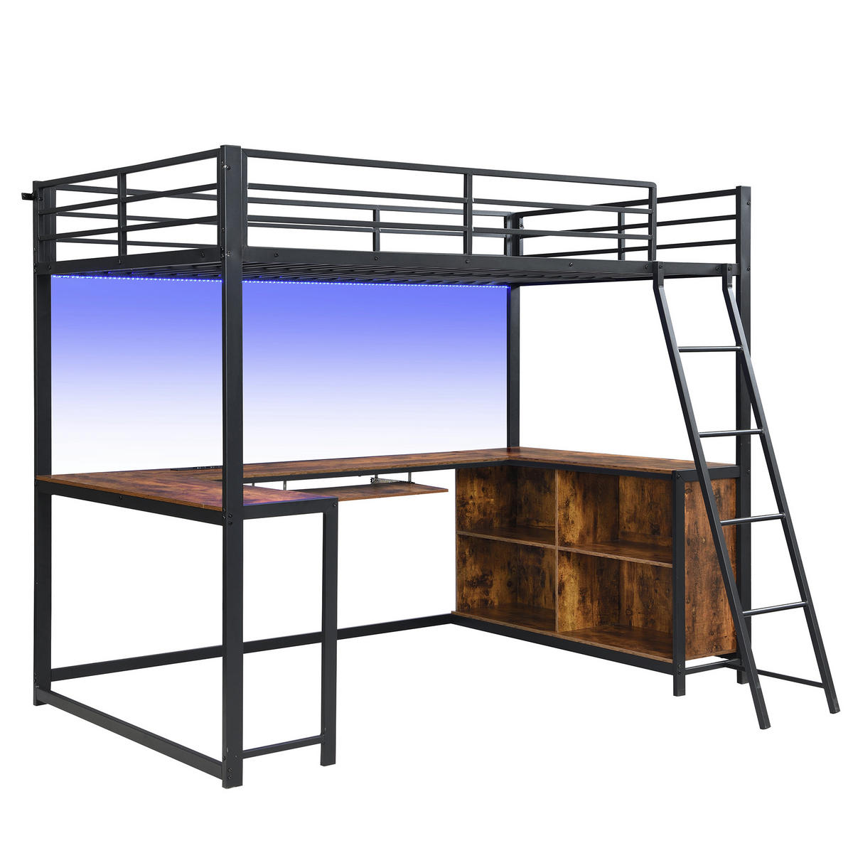 HOCHBETT 120/200 cm mit 3-seitigem Schreibtisch und LED, DE-41767, in Schwarz - Schwarz, Metall (120/200cm) - ComfortXL