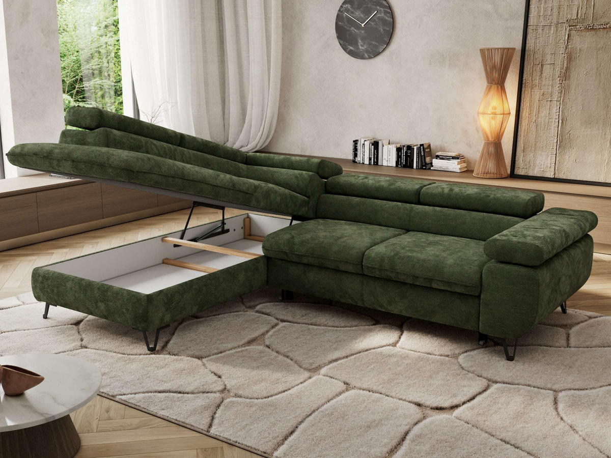 ECKSOFA PABLO L Dunkelgrün Schenille glatt - Links Seite mit T25 Topper - Dunkelgrün/Schwarz, Textil/Metall (208/273cm) - MKS