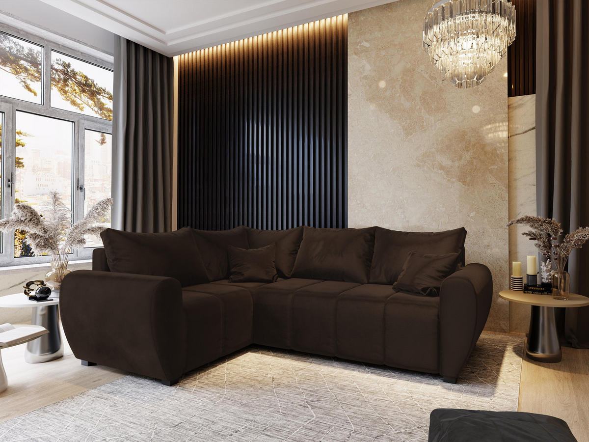 ECKSOFA MADISON L L-S Braun Plüsch-Stoff mit Schlaffunktion - Braun, Holz (235/175cm) - MASSENO