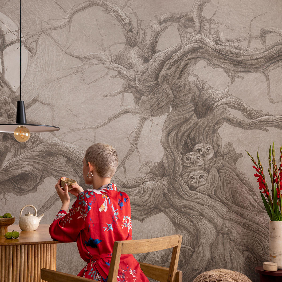 FOTOTAPETE 104x70 cm - Nachtvögel - Beige, Textil (104/70cm) - Wallfluent
