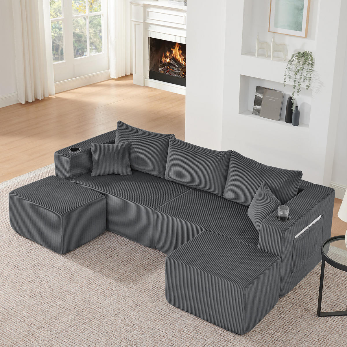 SOFA modulares Ecksofa 3-Sitzer Cord Gray mit 2 Ottomanen - Grau, Kunststoff (230/75/138cm) - IVMEU