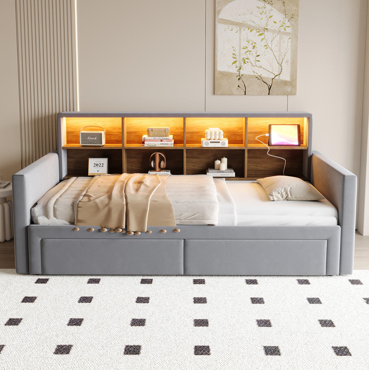 SAMT-POLSTERBETT 90/190 cm mit LED-Beleuchtung, Ausziehfunktion und Stauraum - Dunkelgrau, Textil (90/190cm) - BEAOK