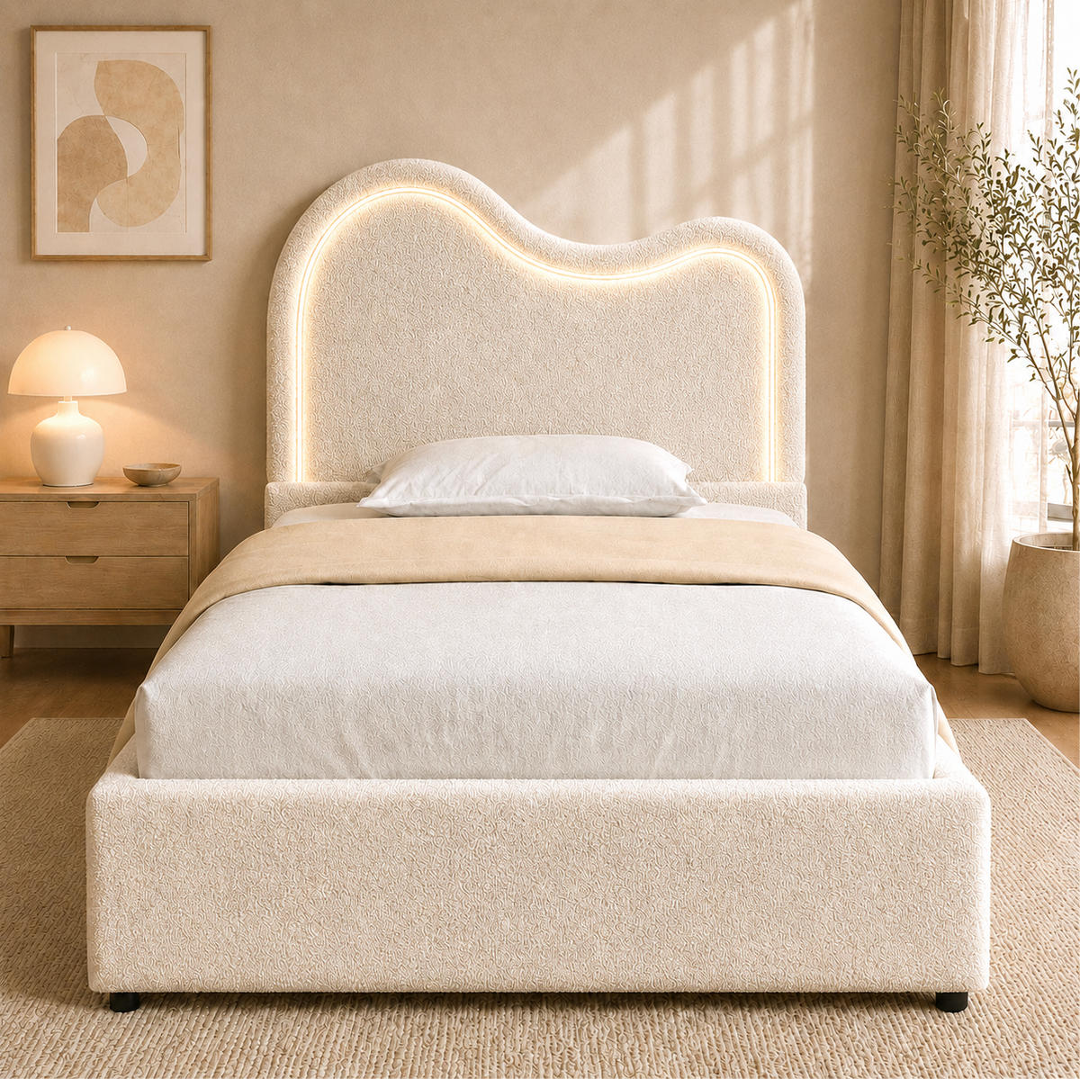 KINDER-POLSTERBETT aus Bouclé 90x200 cm Weiß mit Bettkasten, Lattenrost und LED-Beleuchtung - Weiß, Textil (90/200cm) - Modfu