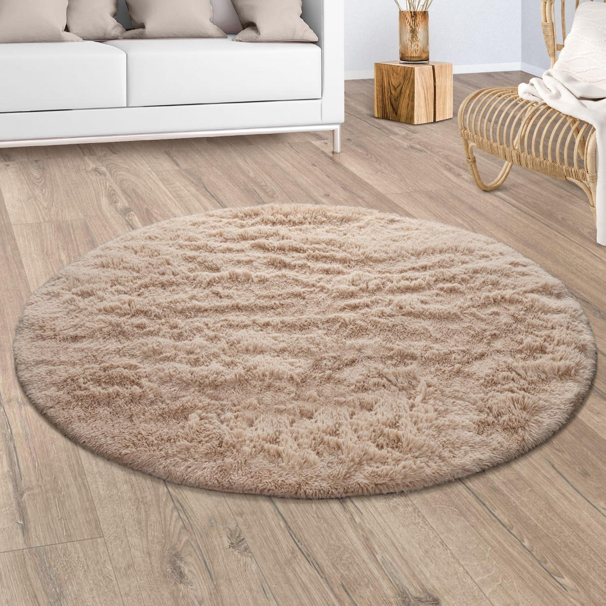 TEPPICH Hochflor Shaggy waschbar Unifarben Schlafzimmer schmutzabweisend Beige Rund 200D - Beige, Textil (200/200cm) - KADIMA DESIGN