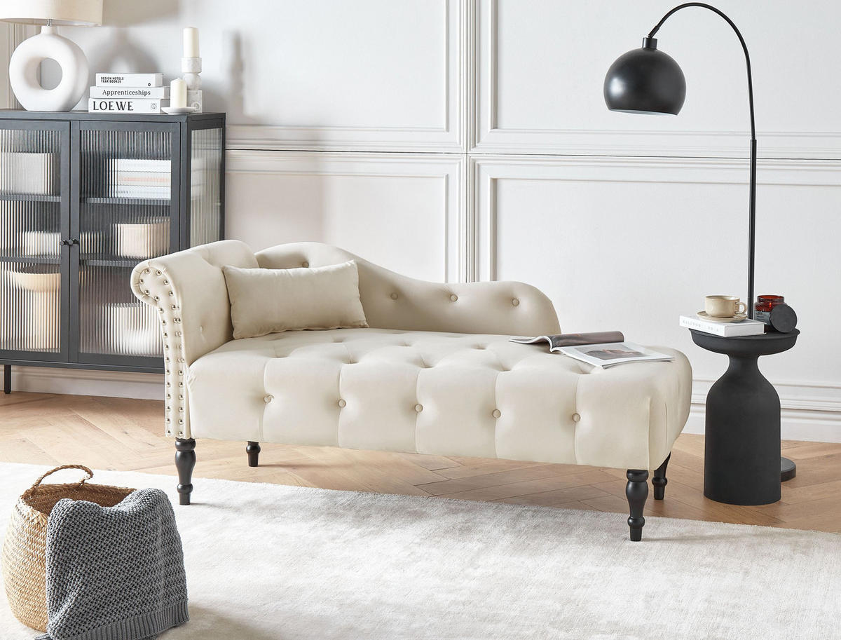 ČALOUNĚNÉ LEHÁTKO CHAISE LONGUE LEVOSTRANNÉ Sametová látka Světle béžové Ivry - černá/béžová, textil (152/72/62cm) - Beliani