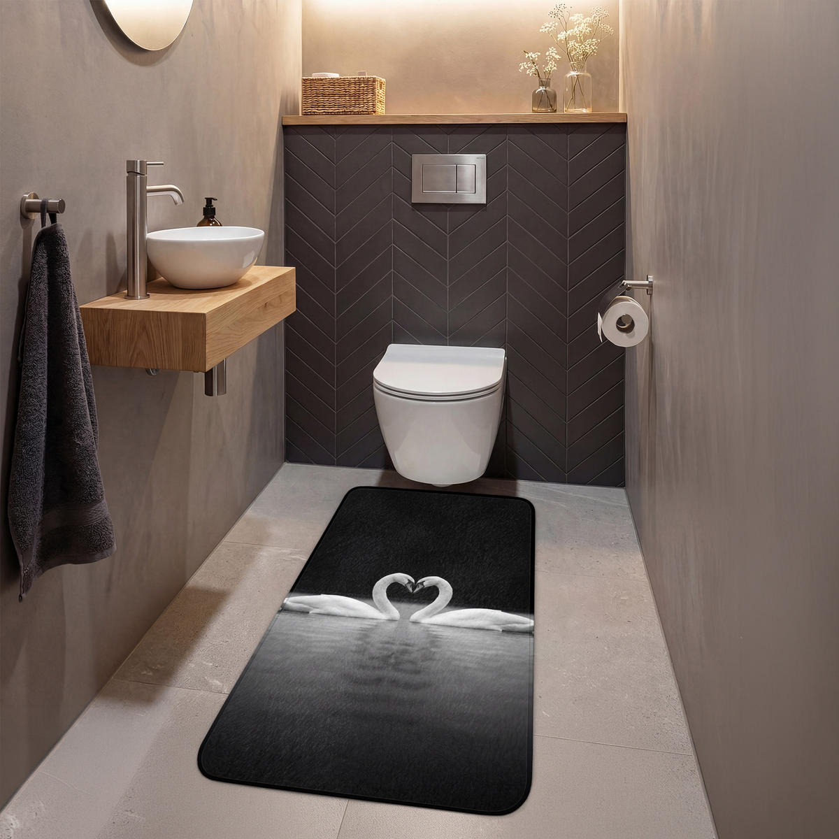 WC PŘEDLOŽKA Labutě - srdce - černá - bílá 60x120 cm - černá, textil/plast (60/1cm) - OnlyWow
