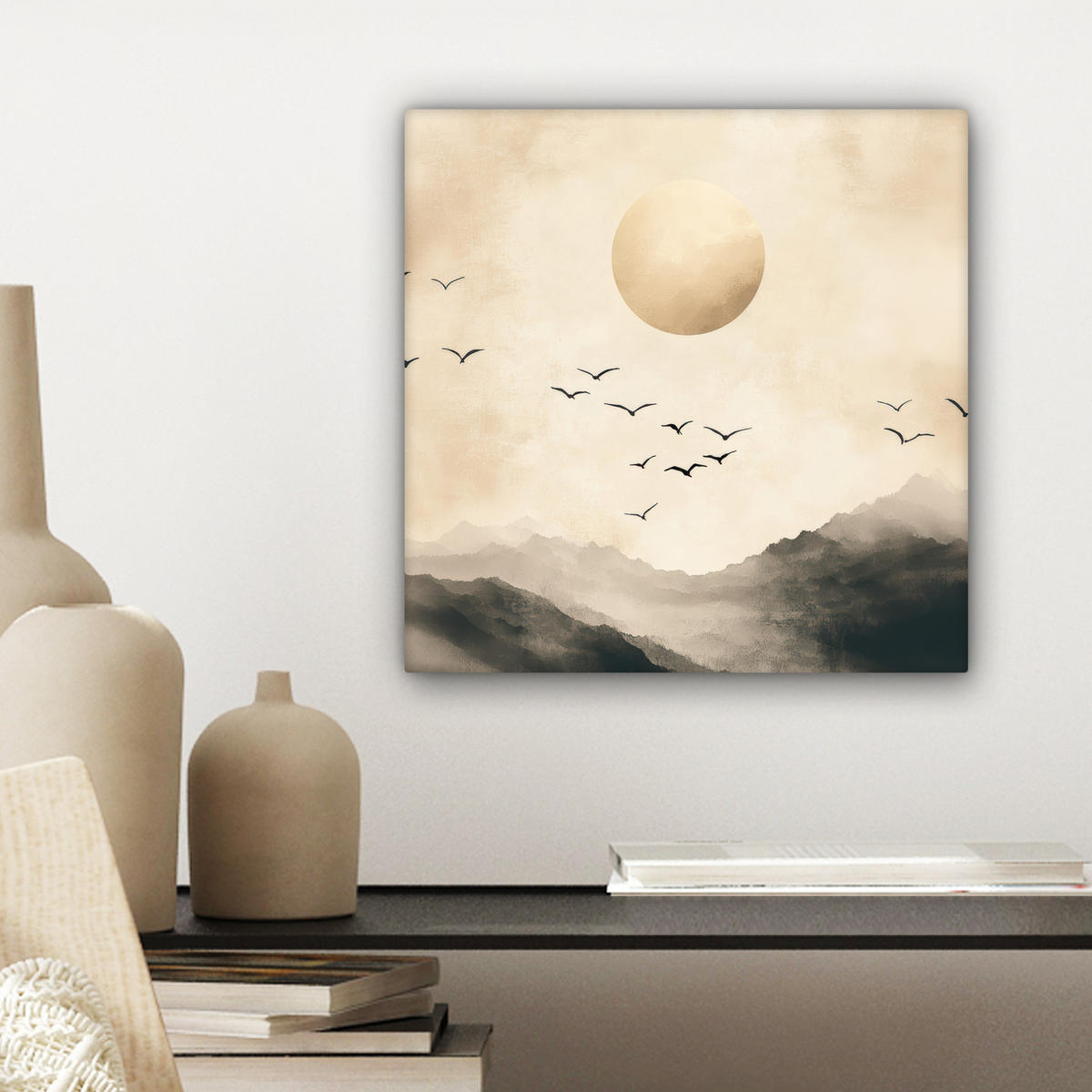 LEINWANDBILD Landschaft - Japandi - Vogel Deko Wohnzimmer 20x20 cm - Beige, Textil (20/20cm) - MuchoWow