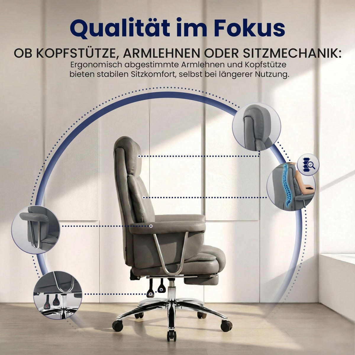 CHEFSESSEL Echtleder Grau - Chromfarben/Grau, Leder/Metall (78/114/66cm) - CLP