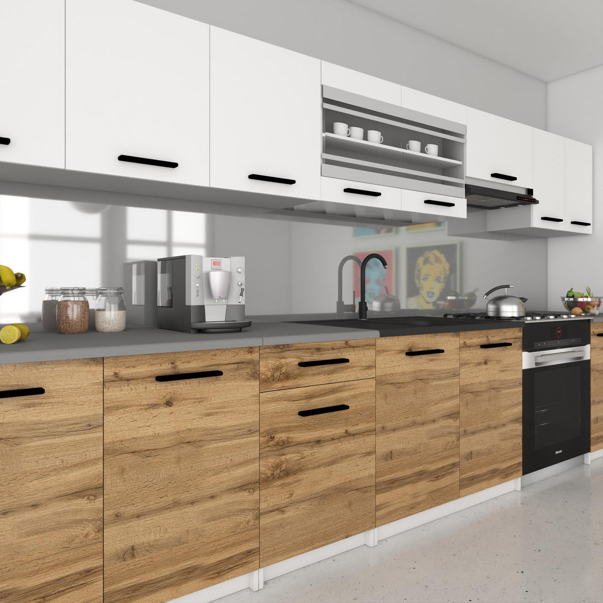 KÜCHENZEILE Italia 3 320 cm, mit Arbeitsplatten, Weiß-Goldbraun Matt - Weiß/Braun, Holz (320/143/60cm) - B BELINI GROUP