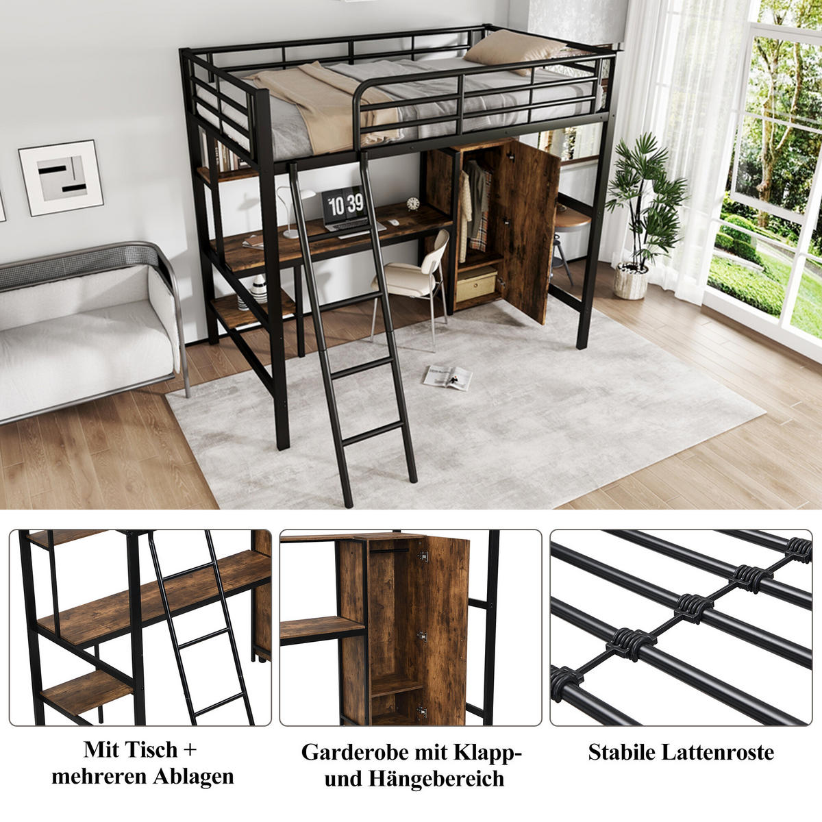 HOCHBETT Mit Bücherregalen, Schreibtisch und Kleiderschrank Schwarz - Schwarz, Holzwerkstoff/Metall - Urban Meuble