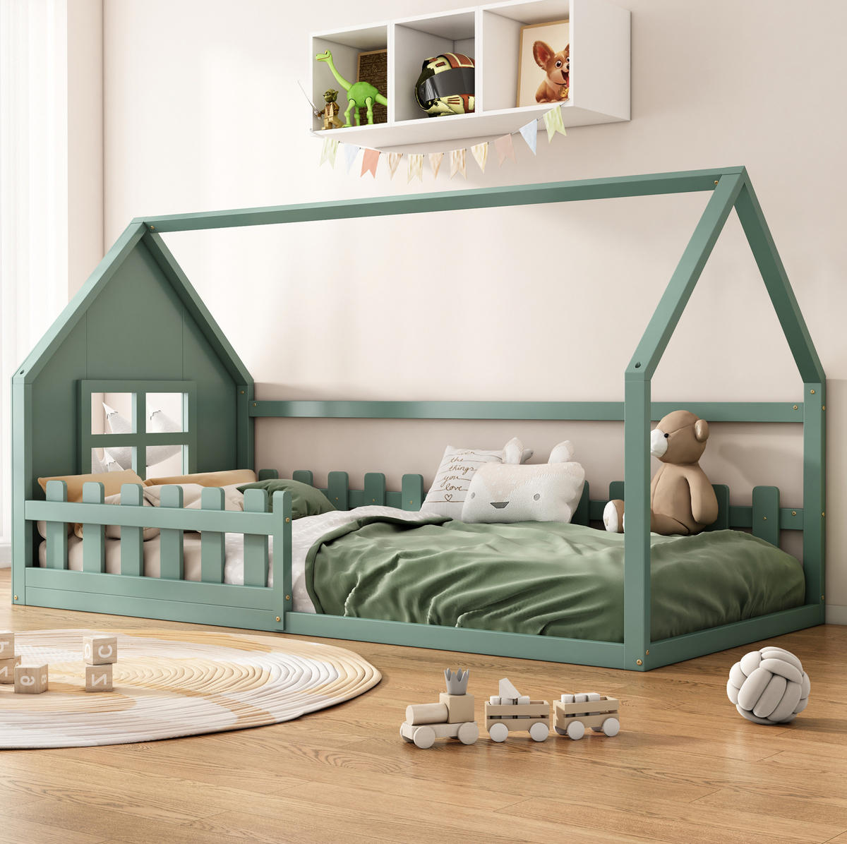 HAUSBETT 90/200 cm Grün aus Kiefer und MDF – Kinderbett im Hausdesign - Grün, Holz (90/200cm) - Flora Grace