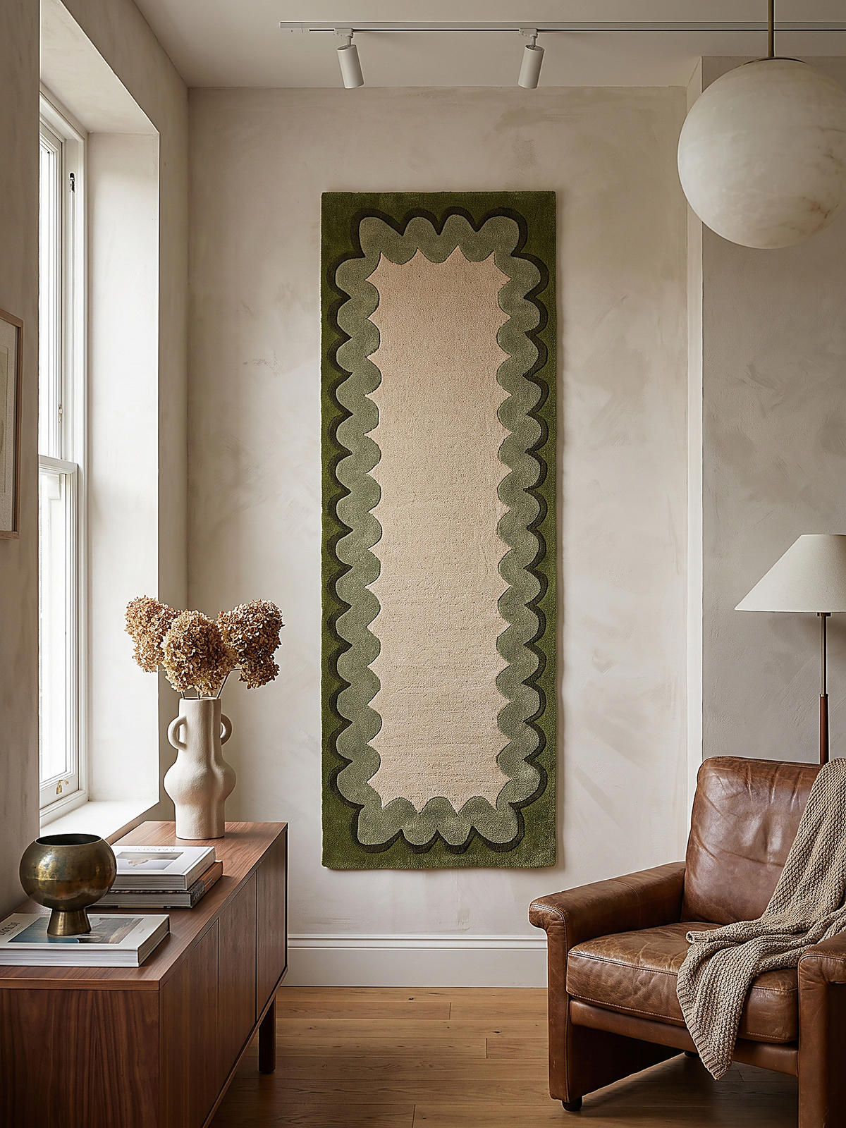 LÄUFER handgetuftet WAVENEY, in Olivgrün, Zickzack-Wellenbordüre, 80 x 230 cm - Grün, Textil (80/230cm) - KADIMA DESIGN