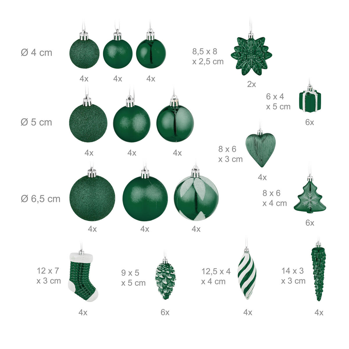 72-TLG.WEIHNACHTSKUGELN-SET - Dunkelgrün, Kunststoff (38/24/12cm) - Relaxdays