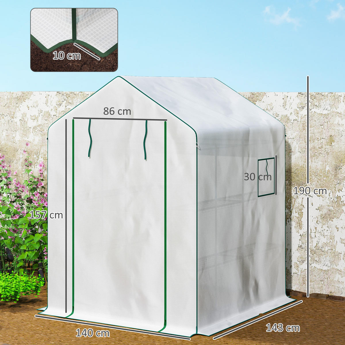 GEWÄCHSHAUS DE-12005 mit 1 Tür, 2 Fenstern & 3 Etagen Weiß - Weiß, Kunststoff (140/190/143cm) - ComfortXL