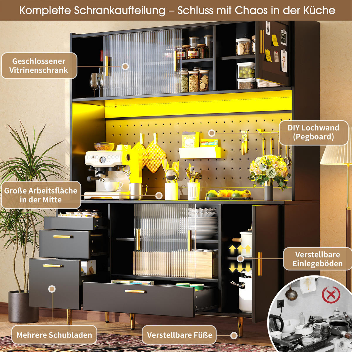BUFFETSCHRANK Hochglanz Schwarz LED Glas Schiebetür - Schwarz, Holzwerkstoff (140/180/40cm) - FLIEKS
