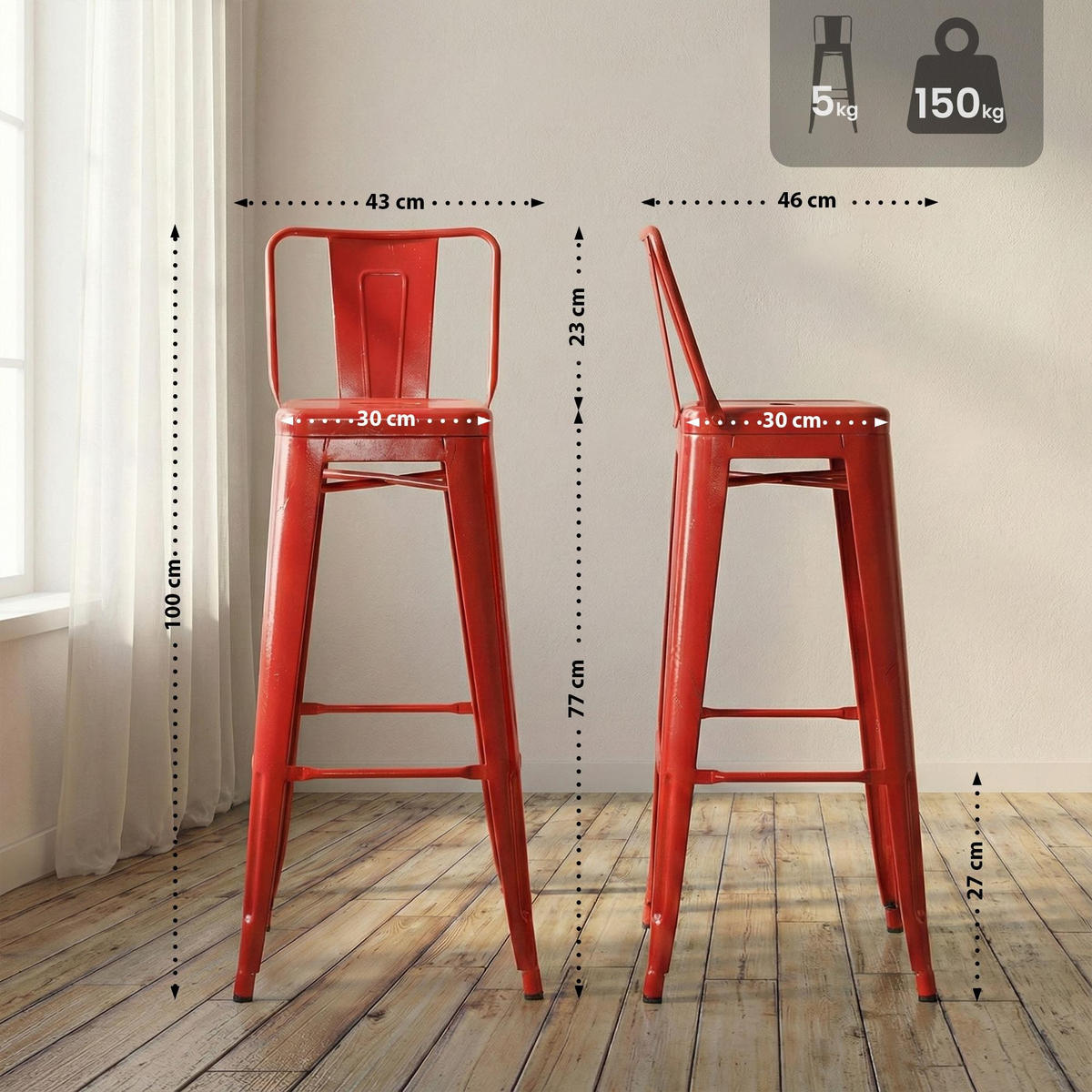 BARHOCKER Mason 96x44x43 cm rot - Rot, Metall (44/96/43cm) - furnicato