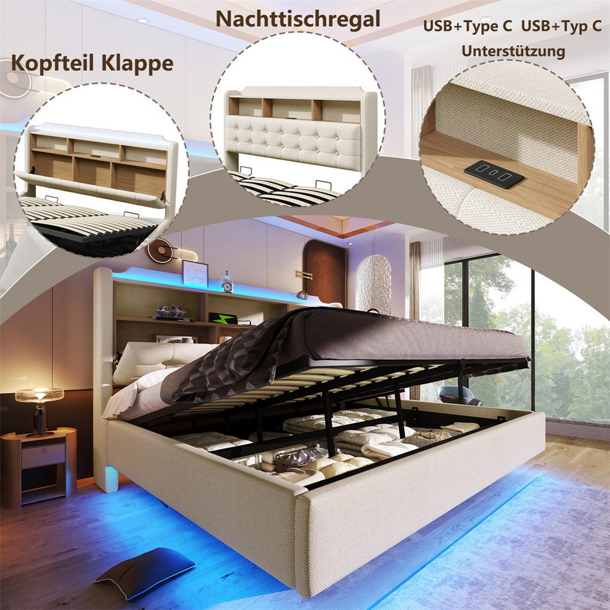 POLSTERBETT 180x200 cm mit LED-Beleuchtung und hydraulischem Stauraum - USB/Typ-C & Klappfach - Beige - Beige, Textil (180/200cm) - DELFA