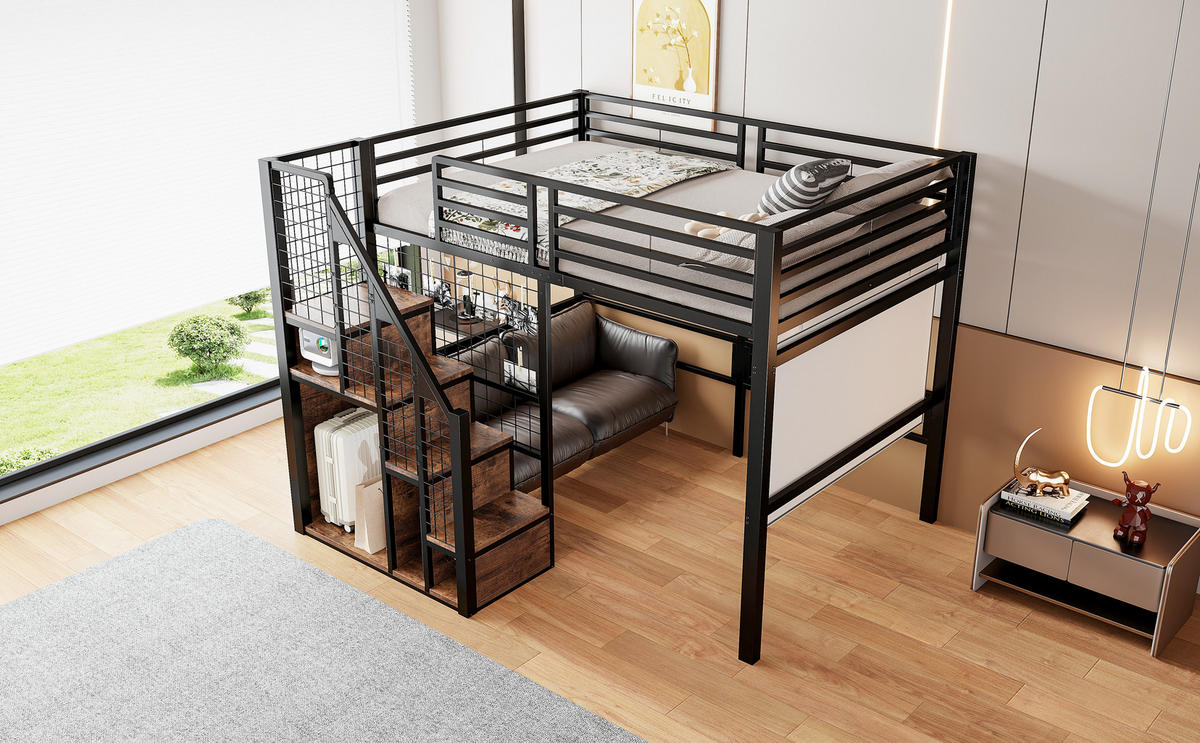 HOCHBETT 140x200 cm Metall Leiter Ablage schwarz - Schwarz, Metall (140/200cm) - LEBENLANG