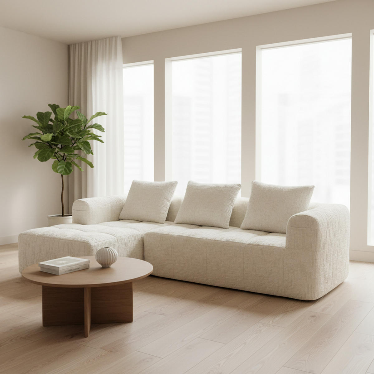 ECKSOFA 3-Sitzer mit Chaiselongue Taschen, Beige Chenille - Beige, Textil (158/250cm) - Urban Meuble