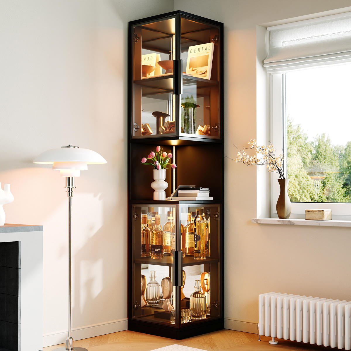 VITRINE LED Glastüren Spiegelrückwand 205cm Weinschrank Weiß - Schwarz, Holzwerkstoff (42/205/44cm) - FLIEKS