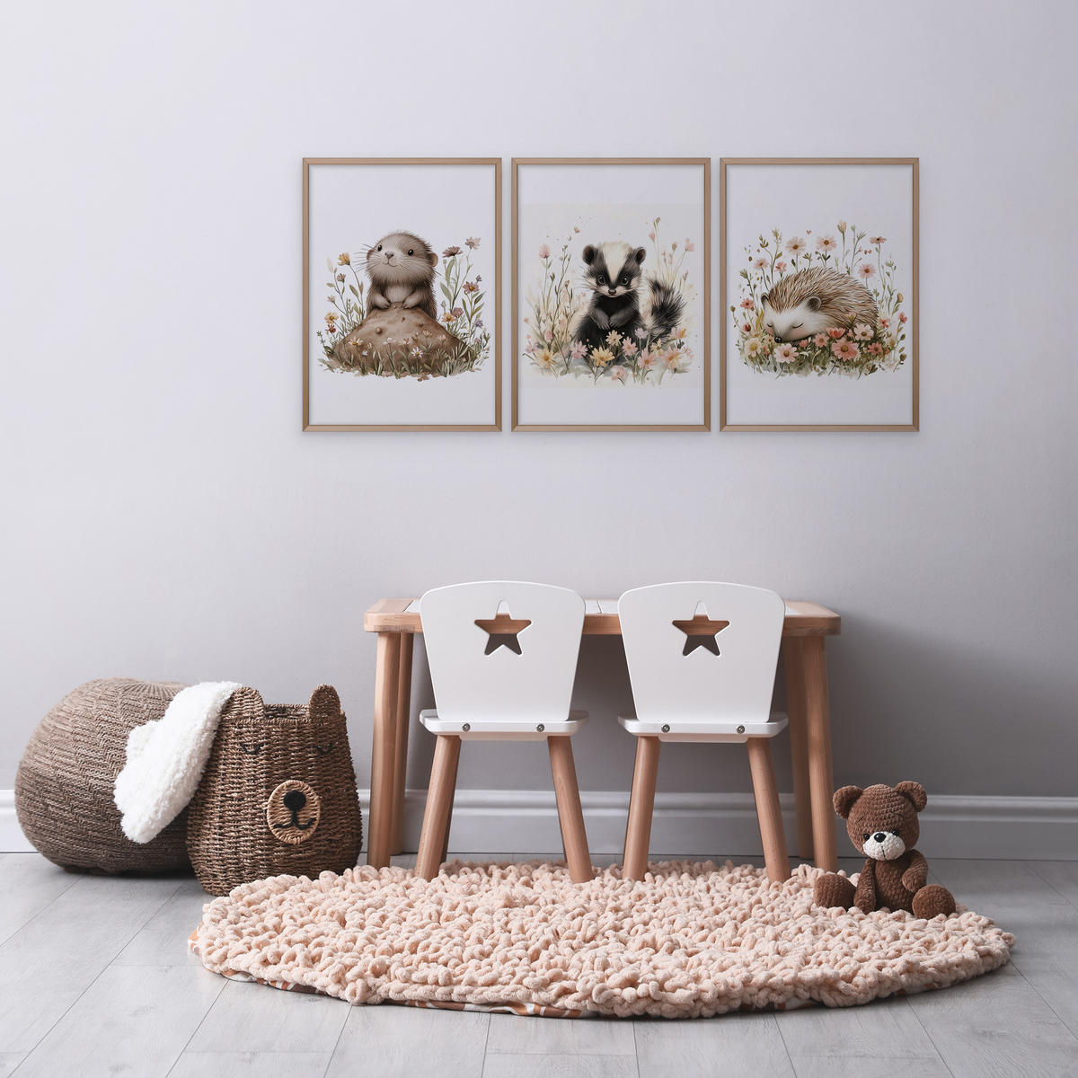 SADA PLAGÁTOV Do Detskej Izby Mackovia Mesiace Oblaky Hviezdy 3x Plagát A4 21 x 30 cm - oranžová/hnedá, papier (21/30/1cm) - Muralo