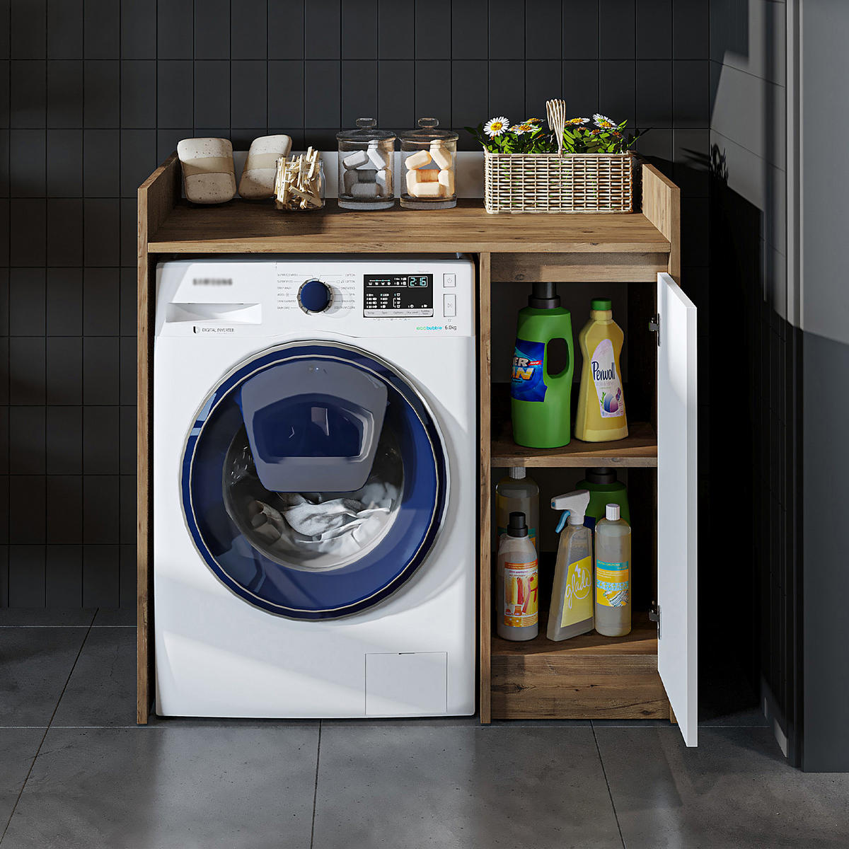 WASCHMASCHINENSCHRANK DERIN-II 100cm Breit, 99cm Hoch - Eiche Bianco, Holzwerkstoff (100/99/60cm)