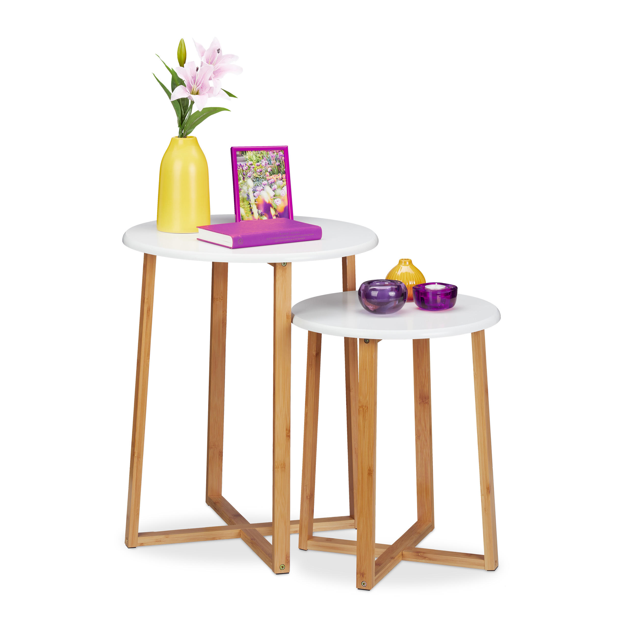 Relaxdays STOLKY Bílé přírodní 2-ks sada bambus MDF kulaté 60,5x50 cm